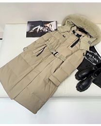 Prada Women's Straight Fur Collar Hooded Mid-Length Down Jacket