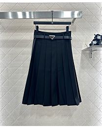 Prada Women's Belt Midi Pleated Skirt Black