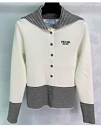 Prada Women's Navy Collar Knitted Cardigan Cream