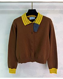 Prada Women's Cardigan With Yellow Striped Collar And Cuffs Coffee