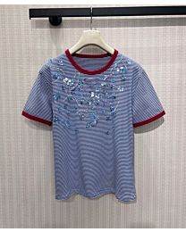 Prada Women's Short-Sleeve Striped Knit T-Shirt With Sequin Embroidery Blue