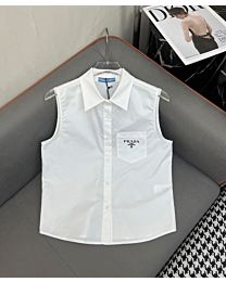 Prada Women's Triangle Logo Letter Printed Sleeveless Shirt White