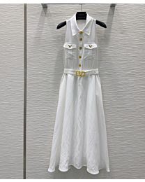 Valentino Women's Comfortable Breathable Lapel Belt Vest Long Skirt White