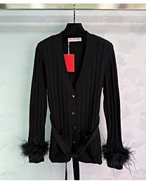 Valentino Garavani Feather Cuff Ribbed Cardigan Black