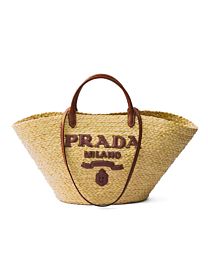 Prada Large Raffia And Leather Shopping Bag Coffee