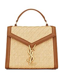 Saint Laurent Cassandra Mini Top Handle Bag In Raffia And Vegetable-Tanned Leather Coffee