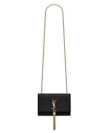 Saint Laurent Kate Small With Tassel In Embossed Crocodile Shiny Leather Black