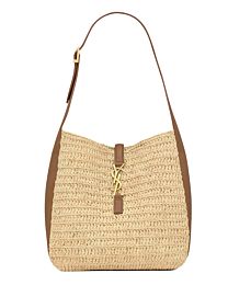Saint Laurent Le 5 A 7 Supple Small In Raffia And Leather Coffee