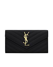 Saint Laurent Monogram Large Flap Wallet In Grain De Poudre Embossed Leather Black